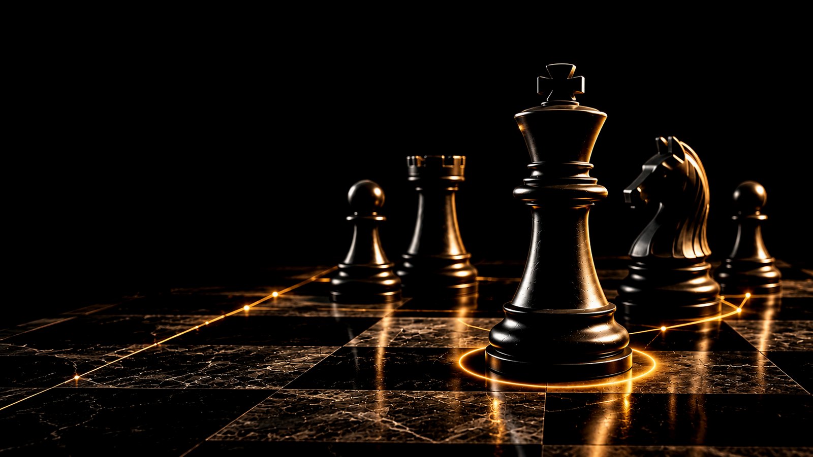 Chess pieces on a dark board with golden highlights