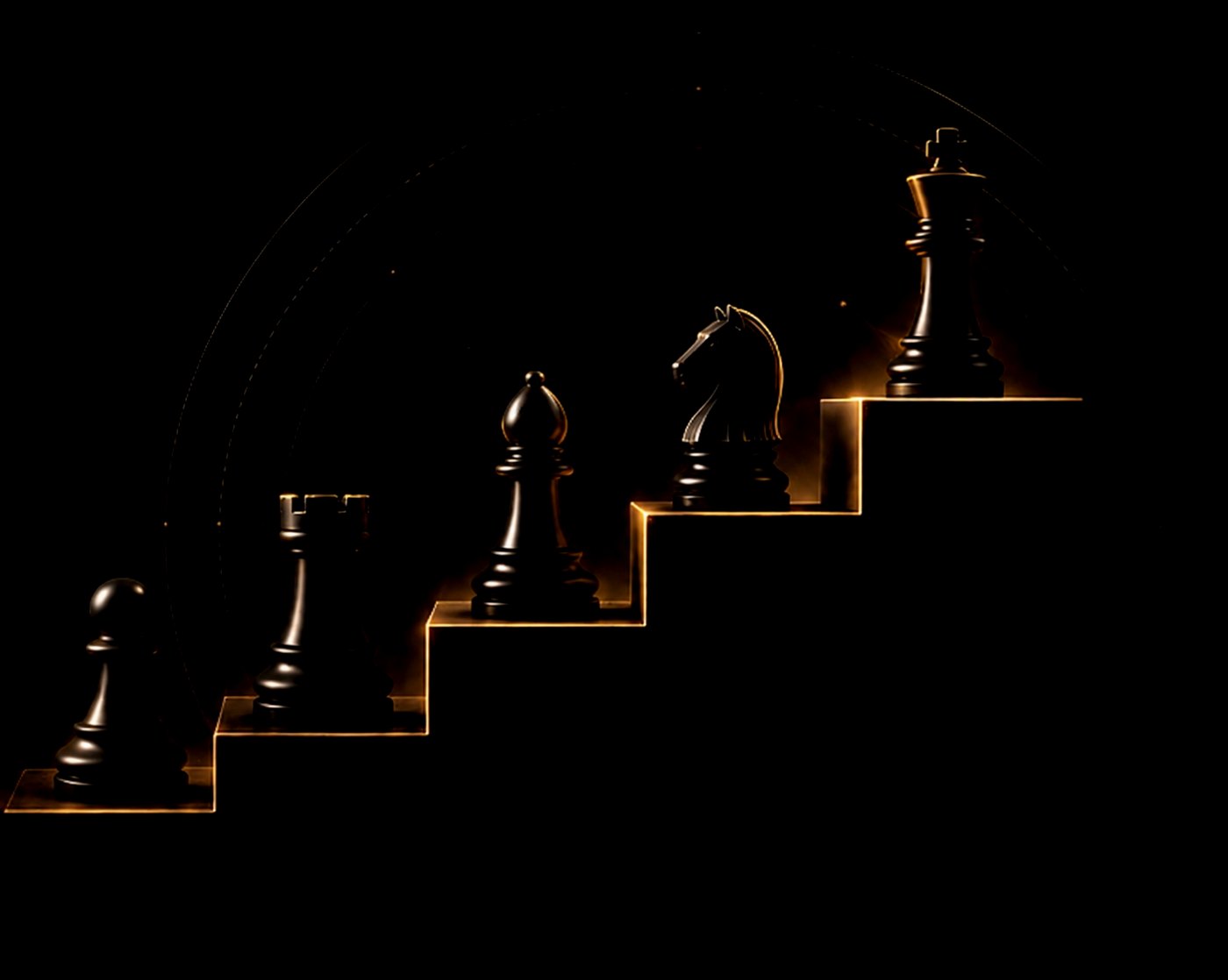 Chess pieces climbing steps, representing progression and growth